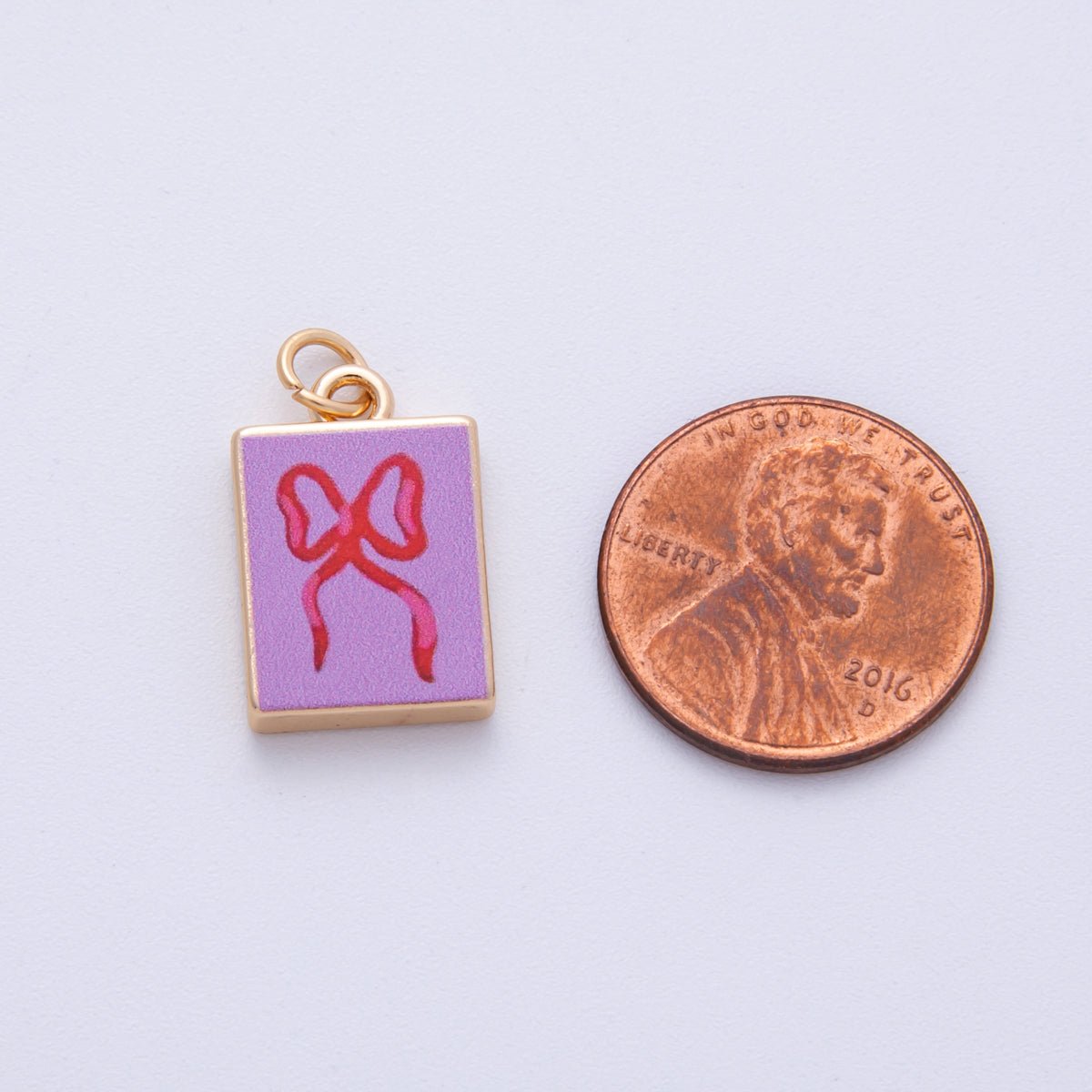18K Gold Filled 18.2mm Ribbon Bow Pink Rectangle Charm | AF1599