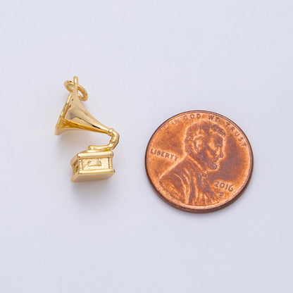 18K Gold Filled 18.5mm 3D Multidimensional Music Gramophone Vinyl Record Player | Charms-00293