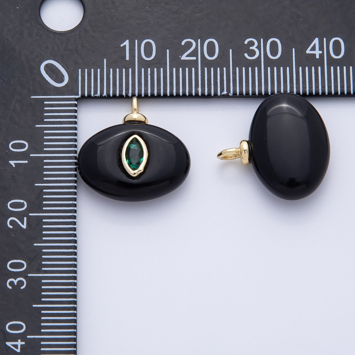 18K Gold Filled 18mm Green CZ Marquise Embedded Black Onyx Oval Gemstone Charm | AF1389