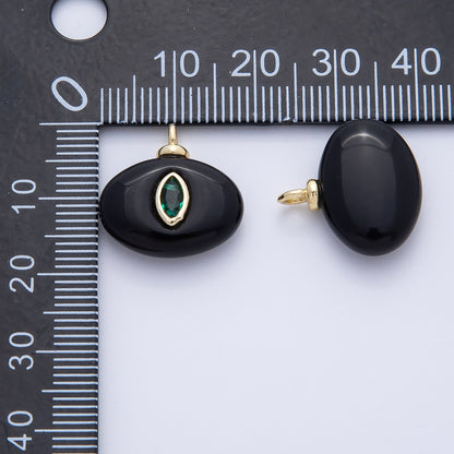 18K Gold Filled 18mm Green CZ Marquise Embedded Black Onyx Oval Gemstone Charm | AF1389