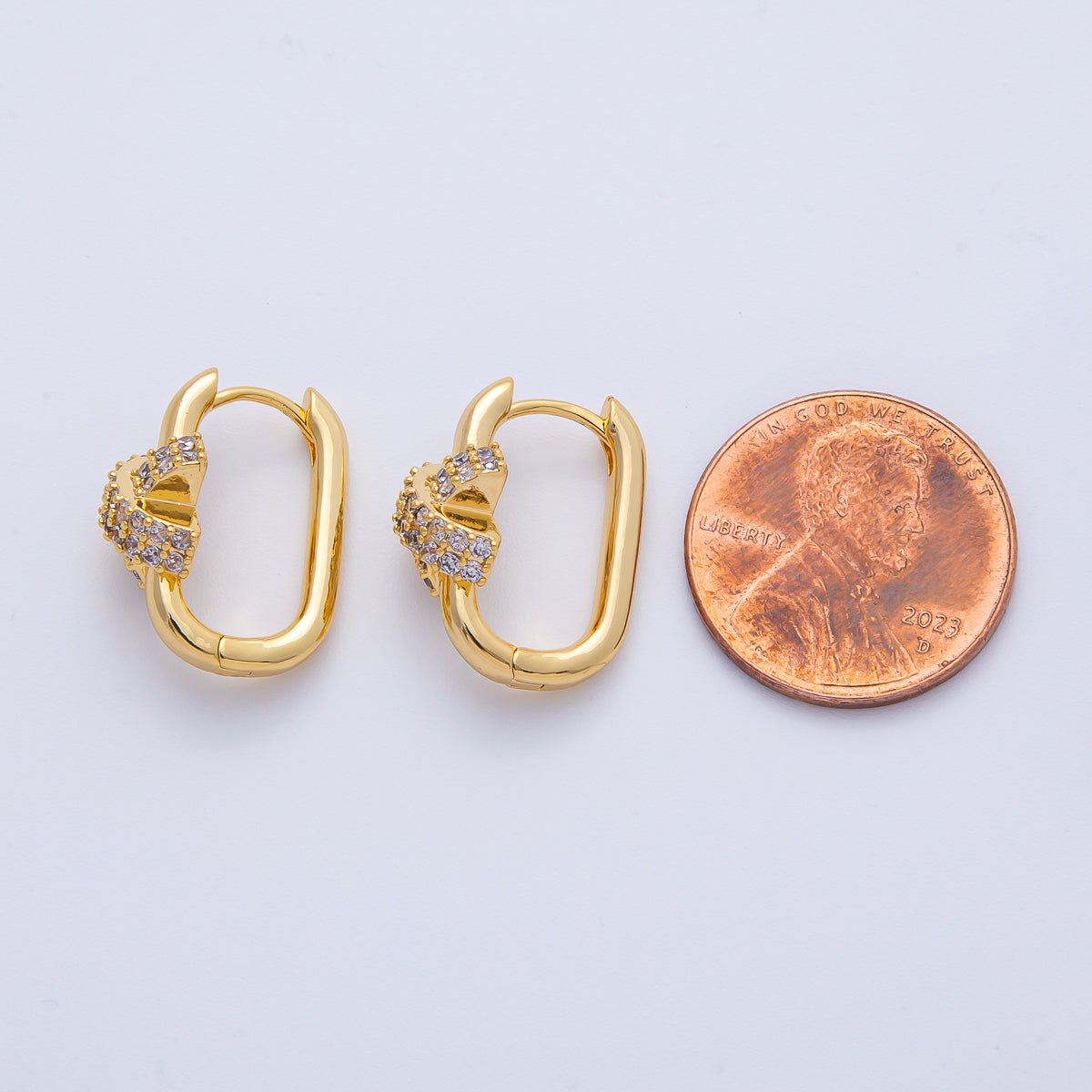 18K Gold Filled 18mm Micro Paved CZ Crossed Oblong Hoop Earrings | Q029