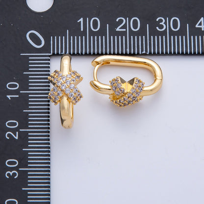 18K Gold Filled 18mm Micro Paved CZ Crossed Oblong Hoop Earrings | Q029
