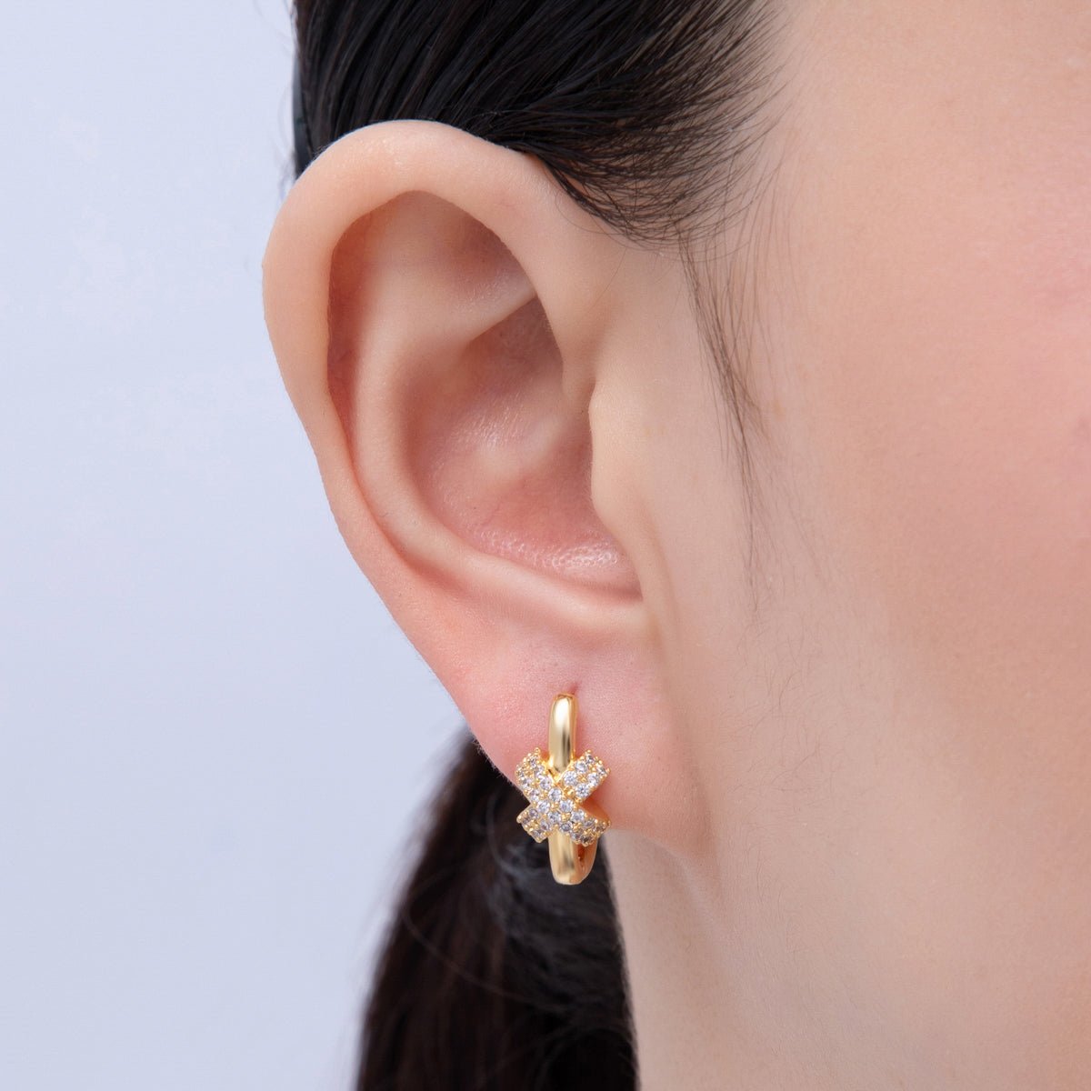 18K Gold Filled 18mm Micro Paved CZ Crossed Oblong Hoop Earrings | Q029