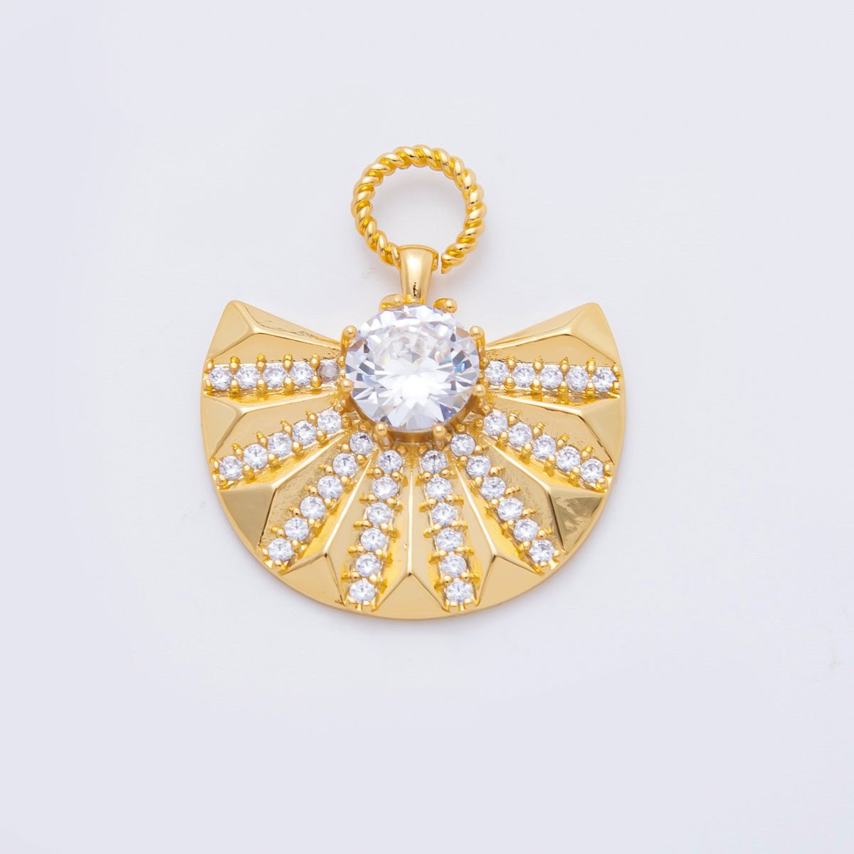 18K Gold Filled 18mm Micro Paved &amp; Round CZ Wide Luxury Fan-Shaped Charm | N605