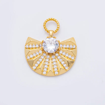 18K Gold Filled 18mm Micro Paved &amp; Round CZ Wide Luxury Fan-Shaped Charm | N605