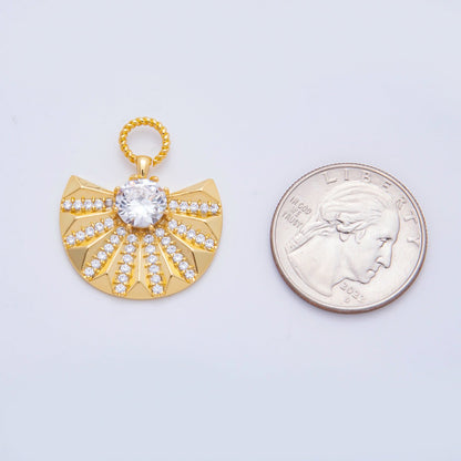18K Gold Filled 18mm Micro Paved &amp; Round CZ Wide Luxury Fan-Shaped Charm | N605