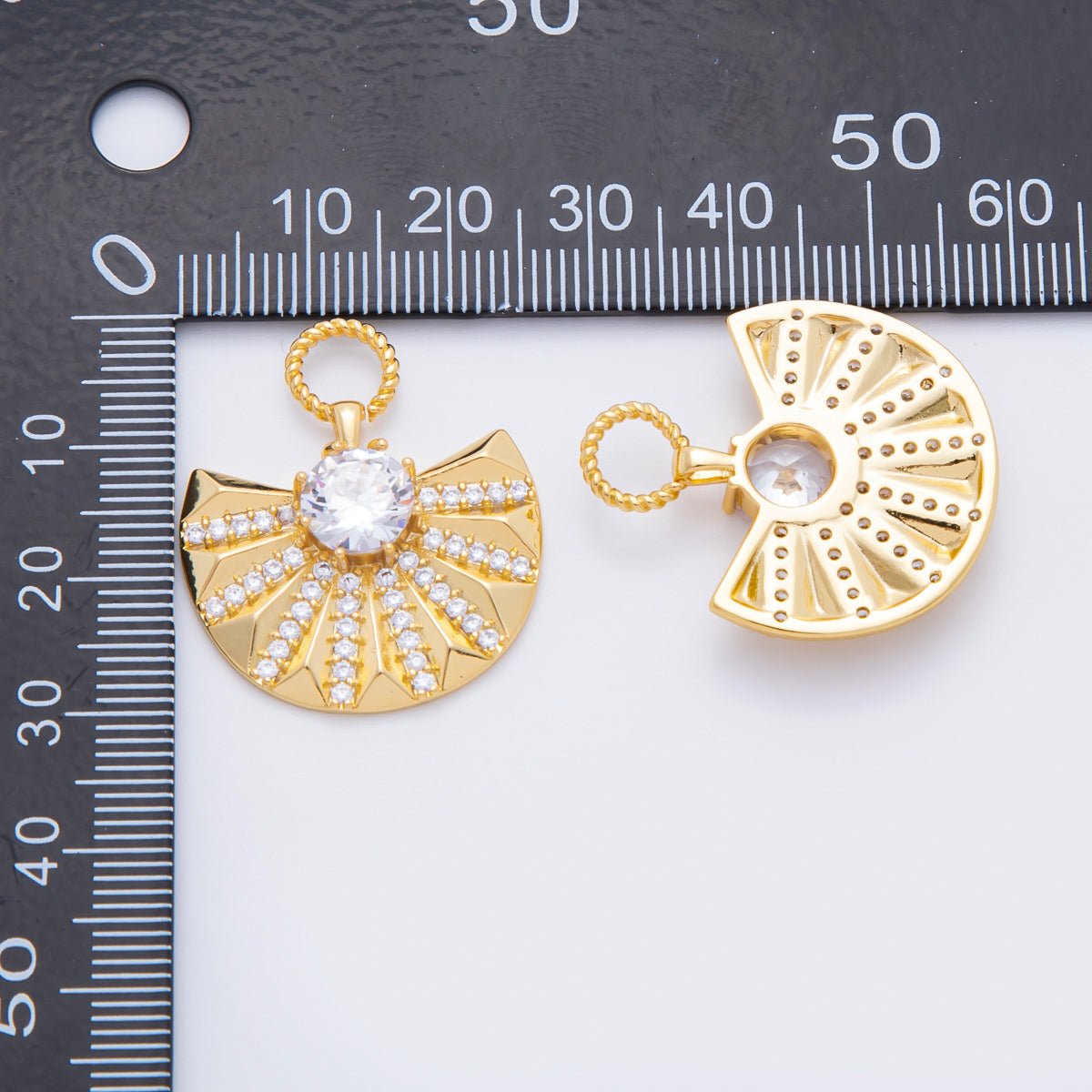 18K Gold Filled 18mm Micro Paved &amp; Round CZ Wide Luxury Fan-Shaped Charm | N605