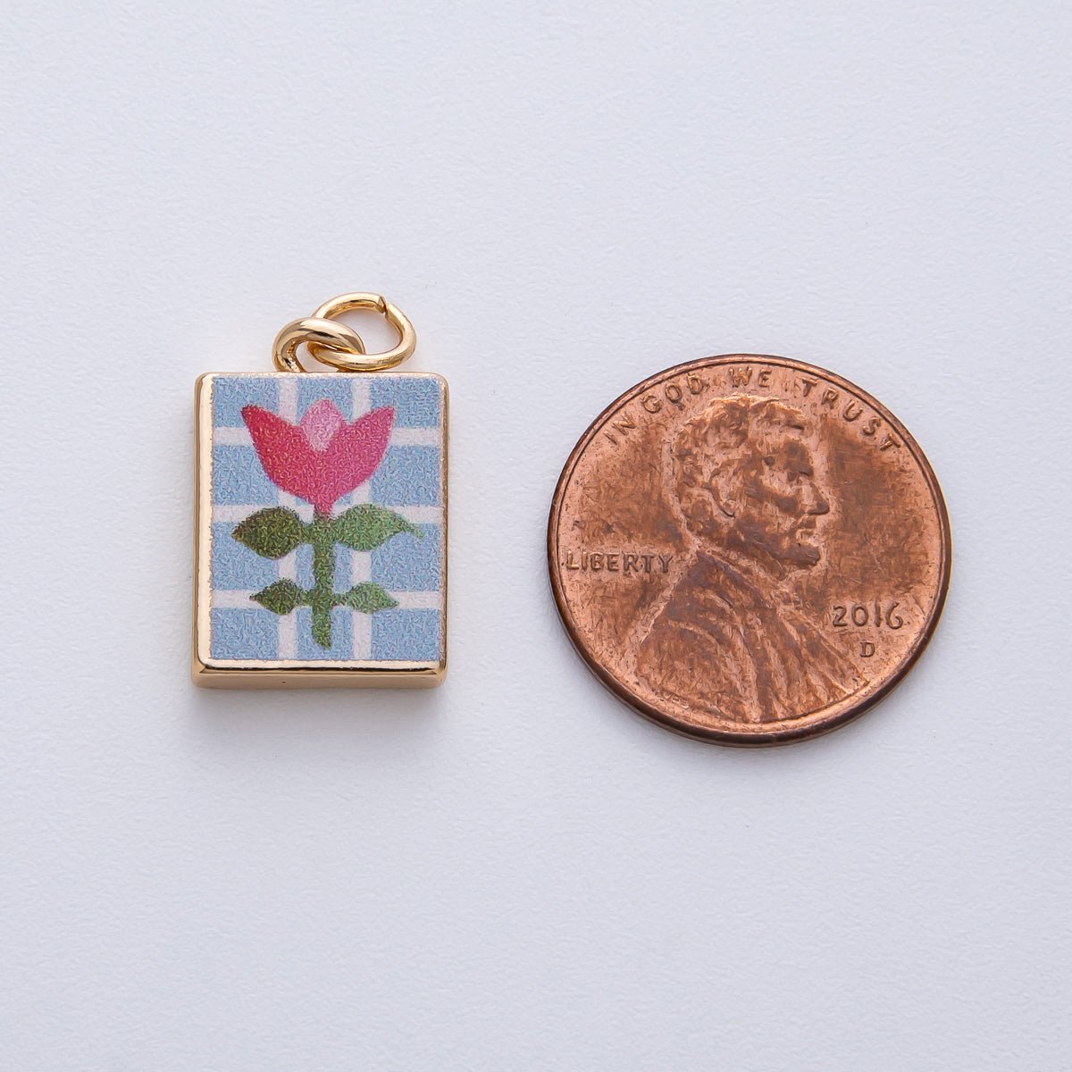 18K Gold Filled 18mm Pink Flower Blue Enamel Rectangular Charm | AF1598