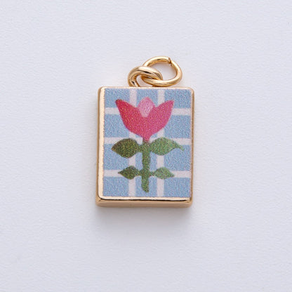 18K Gold Filled 18mm Pink Flower Blue Enamel Rectangular Charm | AF1598