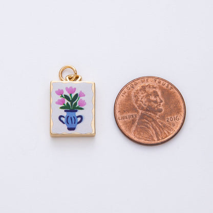 18K Gold Filled 18mm Pink Flower Blue Vase White Enamel Rectangular Charm | AF1601
