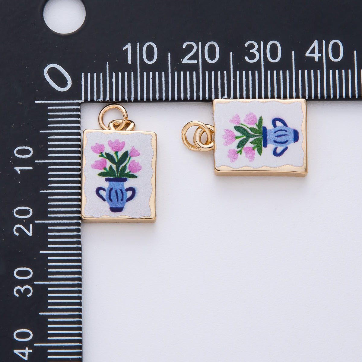 18K Gold Filled 18mm Pink Flower Blue Vase White Enamel Rectangular Charm | AF1601