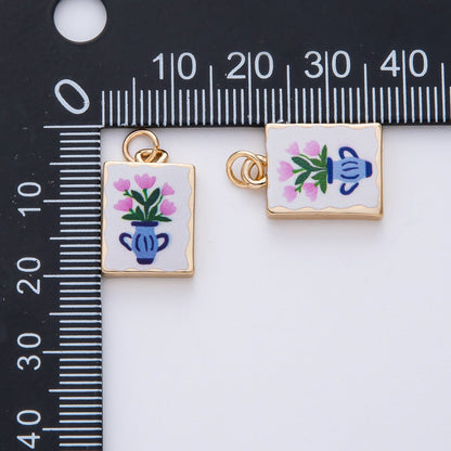 18K Gold Filled 18mm Pink Flower Blue Vase White Enamel Rectangular Charm | AF1601
