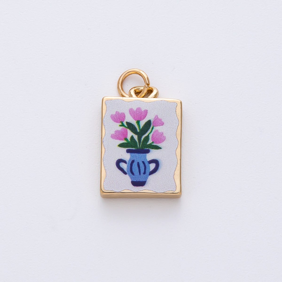 18K Gold Filled 18mm Pink Flower Blue Vase White Enamel Rectangular Charm | AF1601