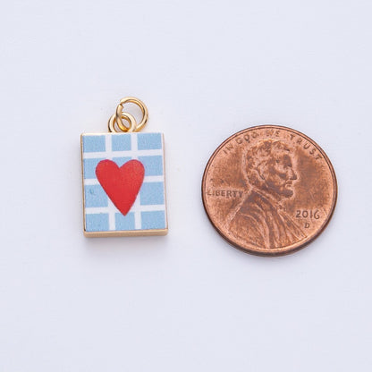 18K Gold Filled 18mm Red Heart Blue Enamel Rectangular Charm | AF1600