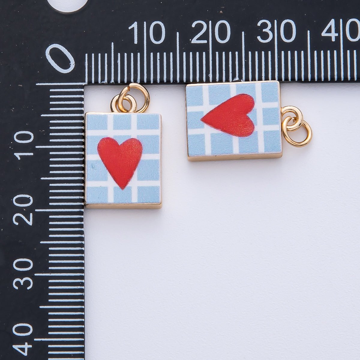 18K Gold Filled 18mm Red Heart Blue Enamel Rectangular Charm | AF1600