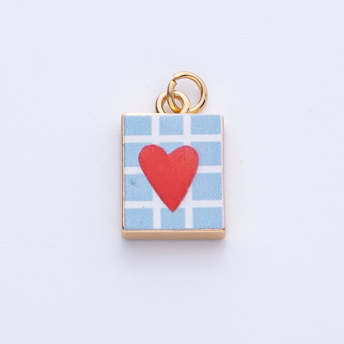 18K Gold Filled 18mm Red Heart Blue Enamel Rectangular Charm | AF1600
