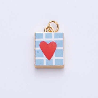 18K Gold Filled 18mm Red Heart Blue Enamel Rectangular Charm | AF1600