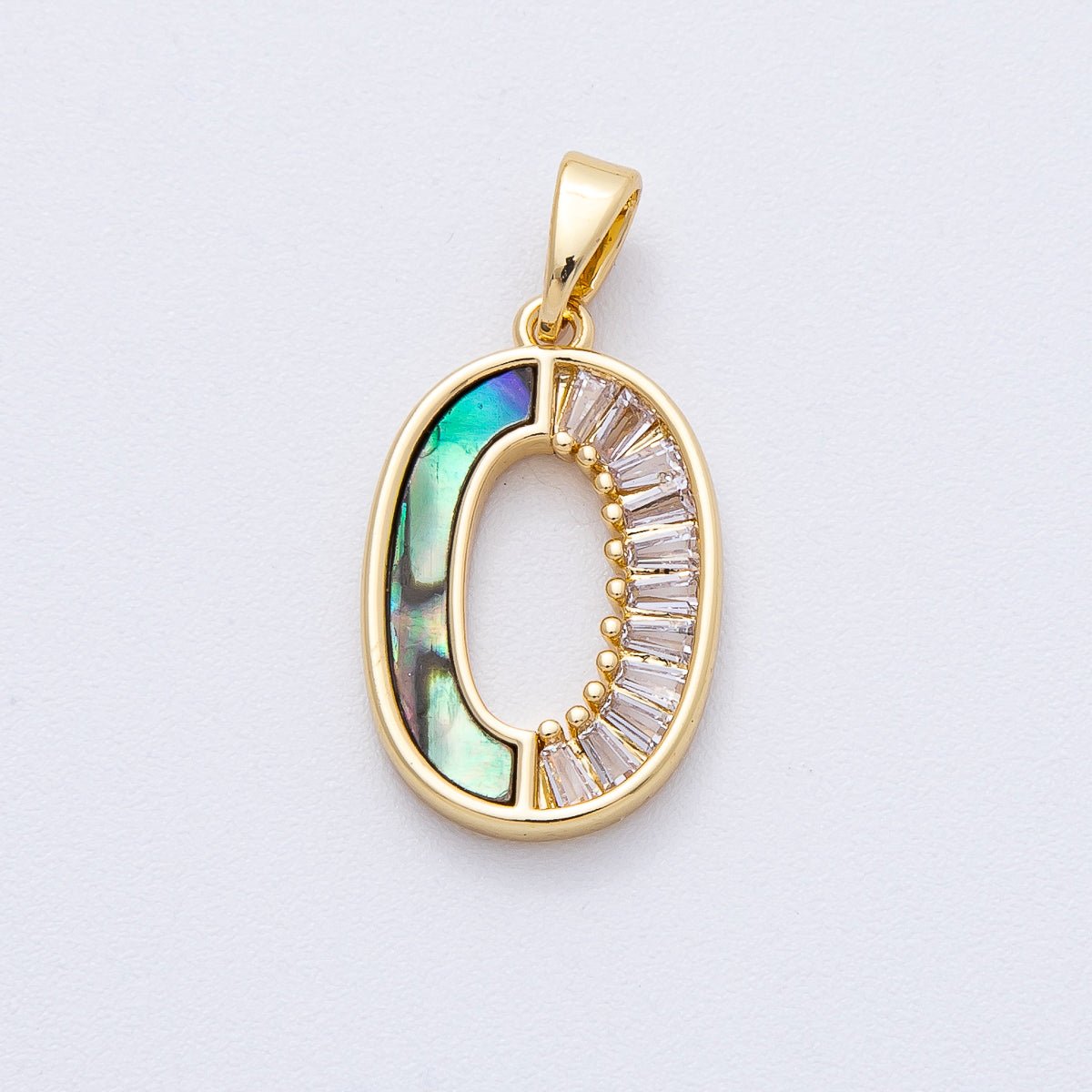18K Gold Filled 19.5mm Clear Baguette CZ Abalone Gemstone Oblong Open Pendant | AF1221