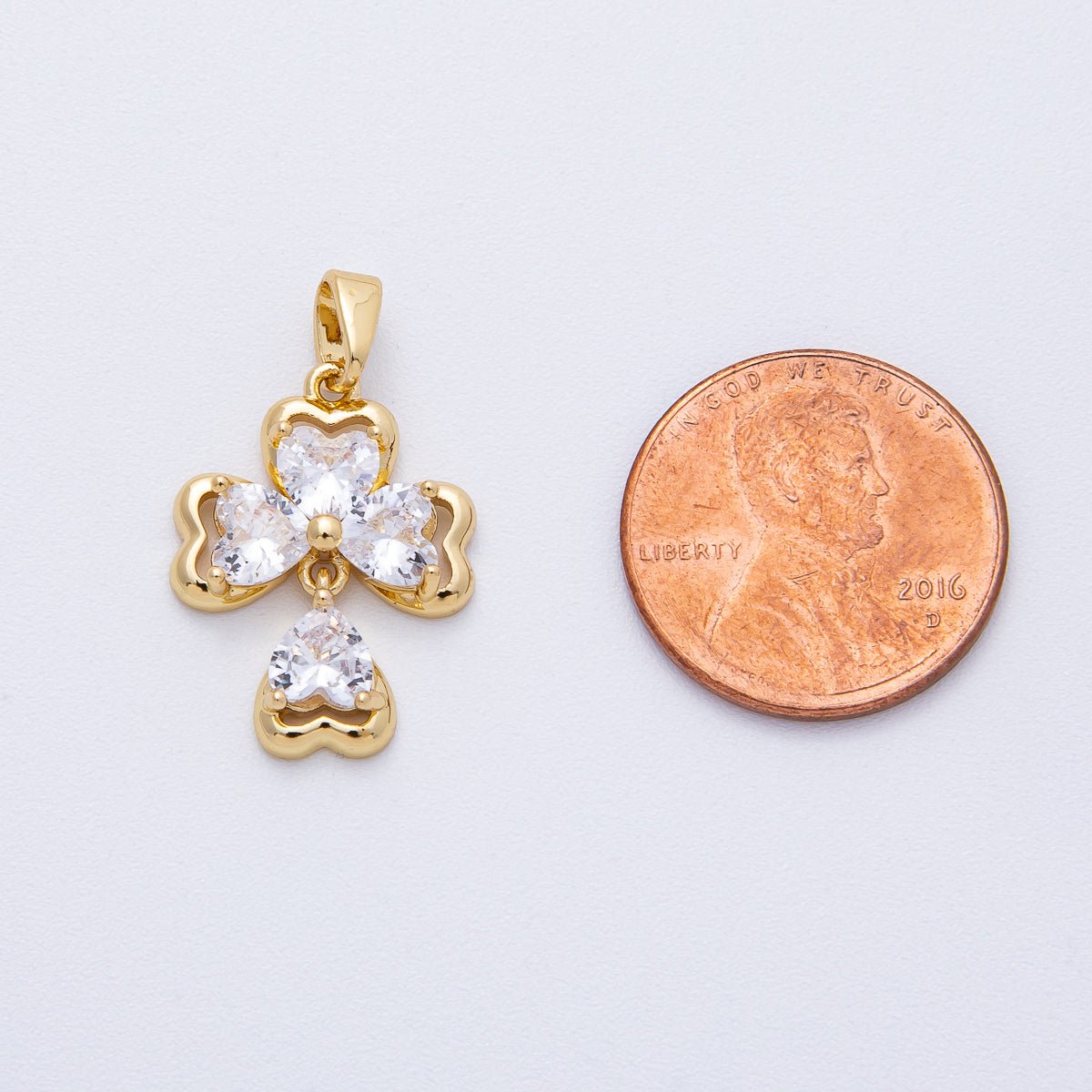18K Gold Filled 20mm Clear CZ Clover Flower Religious Cross Drop Pendant | AF1216