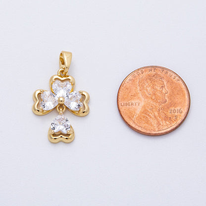 18K Gold Filled 20mm Clear CZ Clover Flower Religious Cross Drop Pendant | AF1216