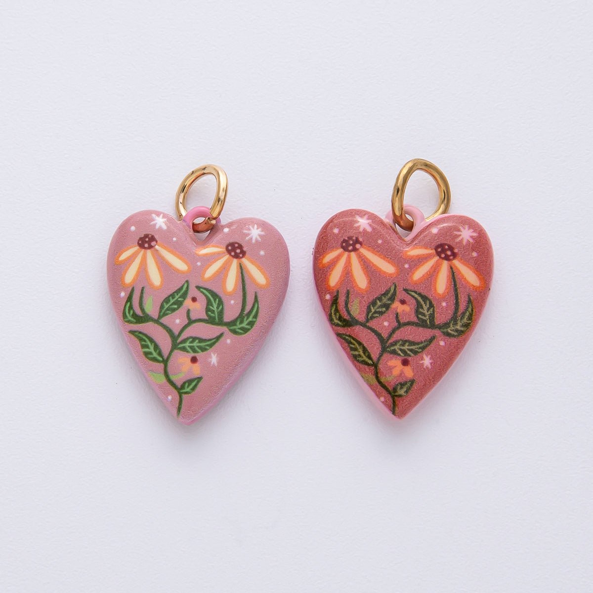 18K Gold Filled 19.5mm Pink-Red Double Sided Flower Enamel Heart Charm | AF1617