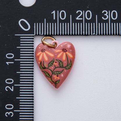 18K Gold Filled 19.5mm Pink-Red Double Sided Flower Enamel Heart Charm | AF1617