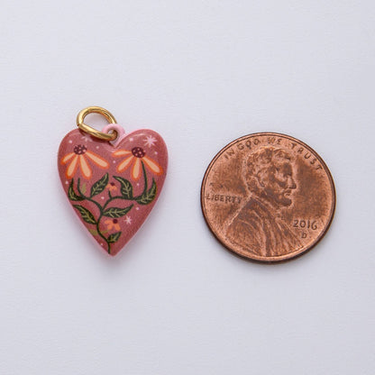18K Gold Filled 19.5mm Pink-Red Double Sided Flower Enamel Heart Charm | AF1617