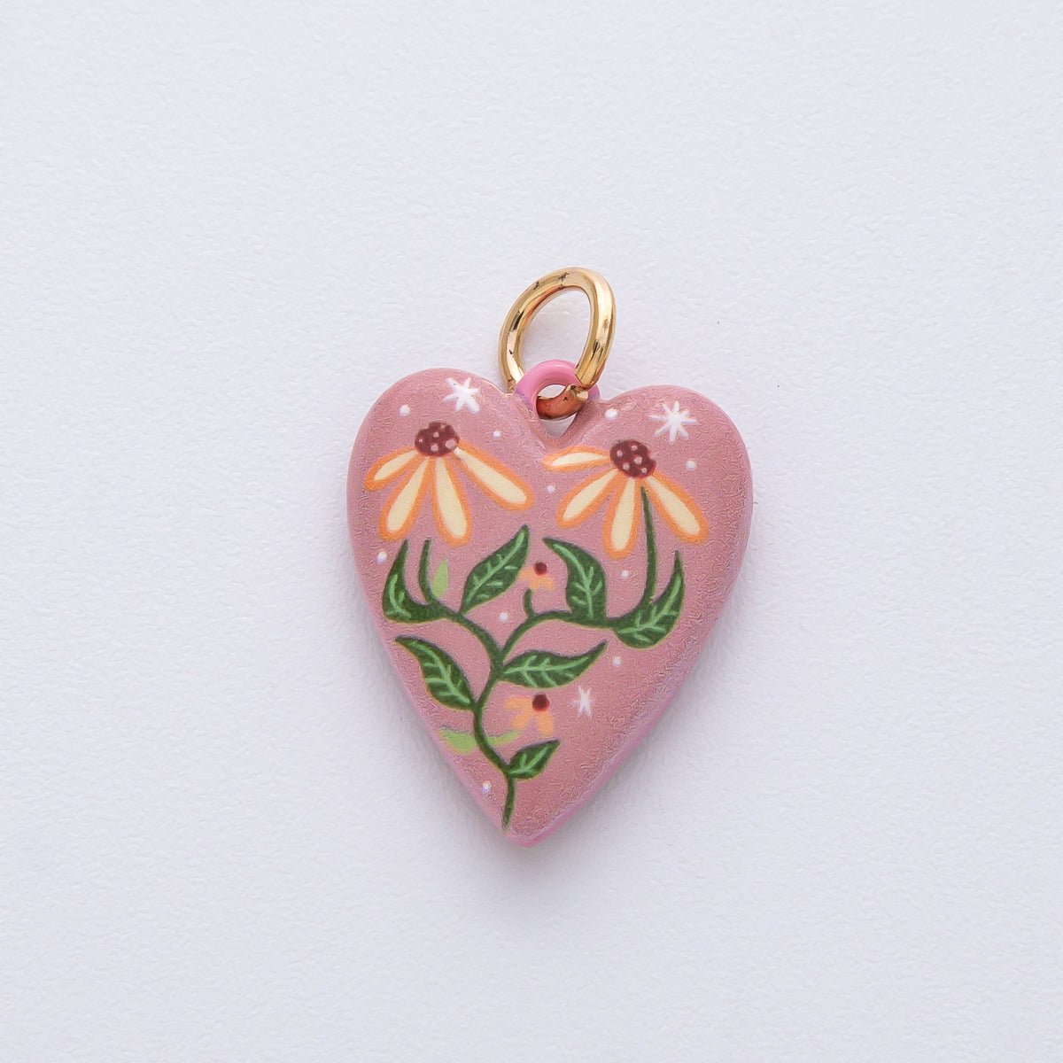 18K Gold Filled 19.5mm Pink-Red Double Sided Flower Enamel Heart Charm | AF1617