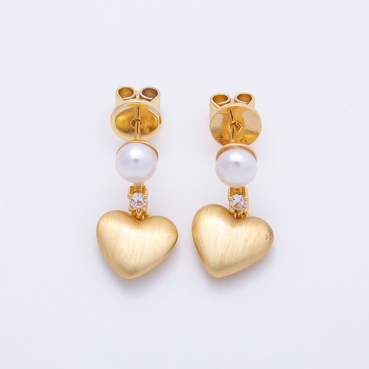 18K Gold Filled 19mm Clear CZ Shell Pearl Heart Drop Stud Earrings | Earrings-00429