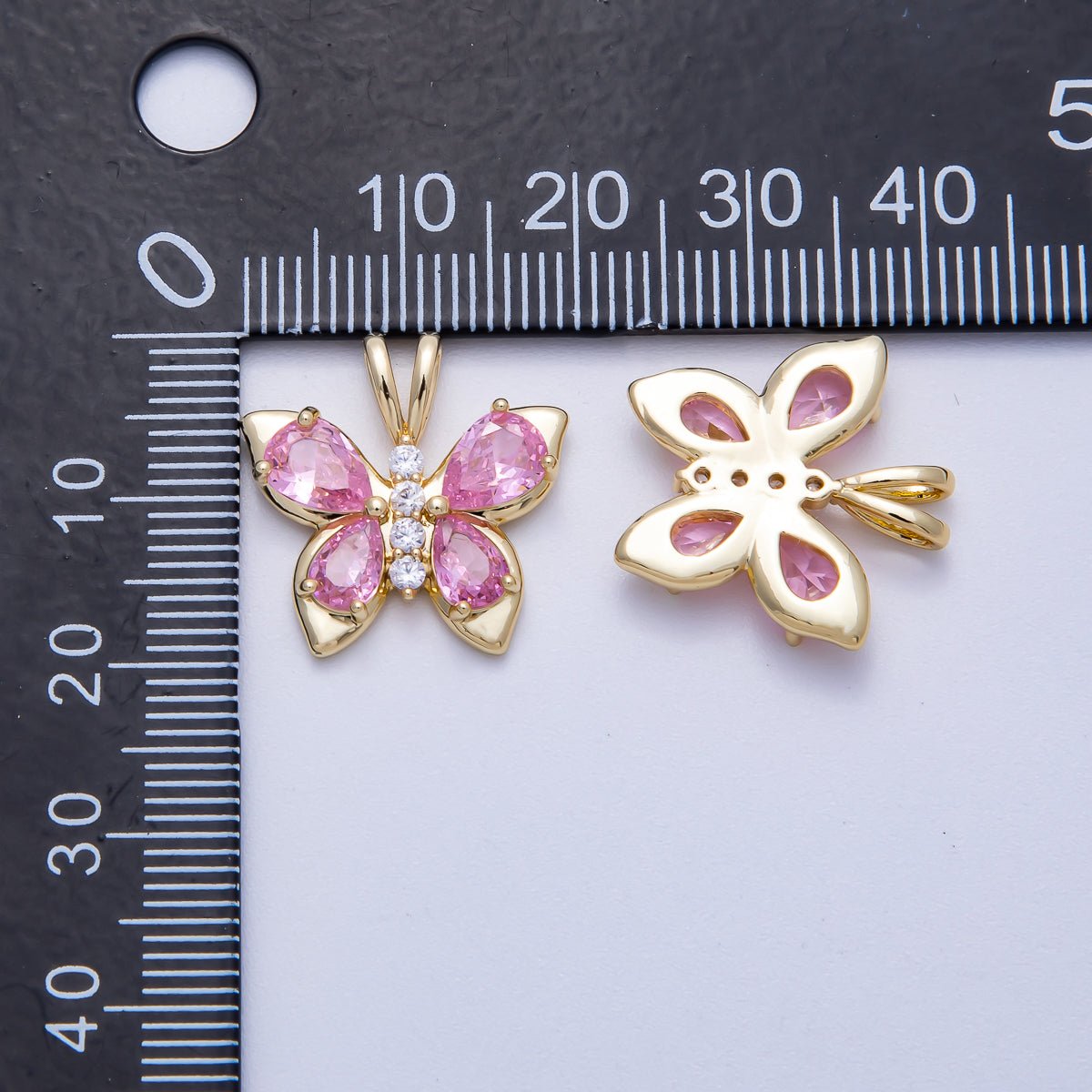 18K Gold Filled 19mm Pink CZ Micro Paved Butterfly Mariposa Animal Pendant | Charms-00538
