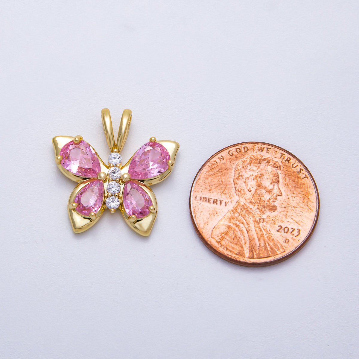 18K Gold Filled 19mm Pink CZ Micro Paved Butterfly Mariposa Animal Pendant | Charms-00538