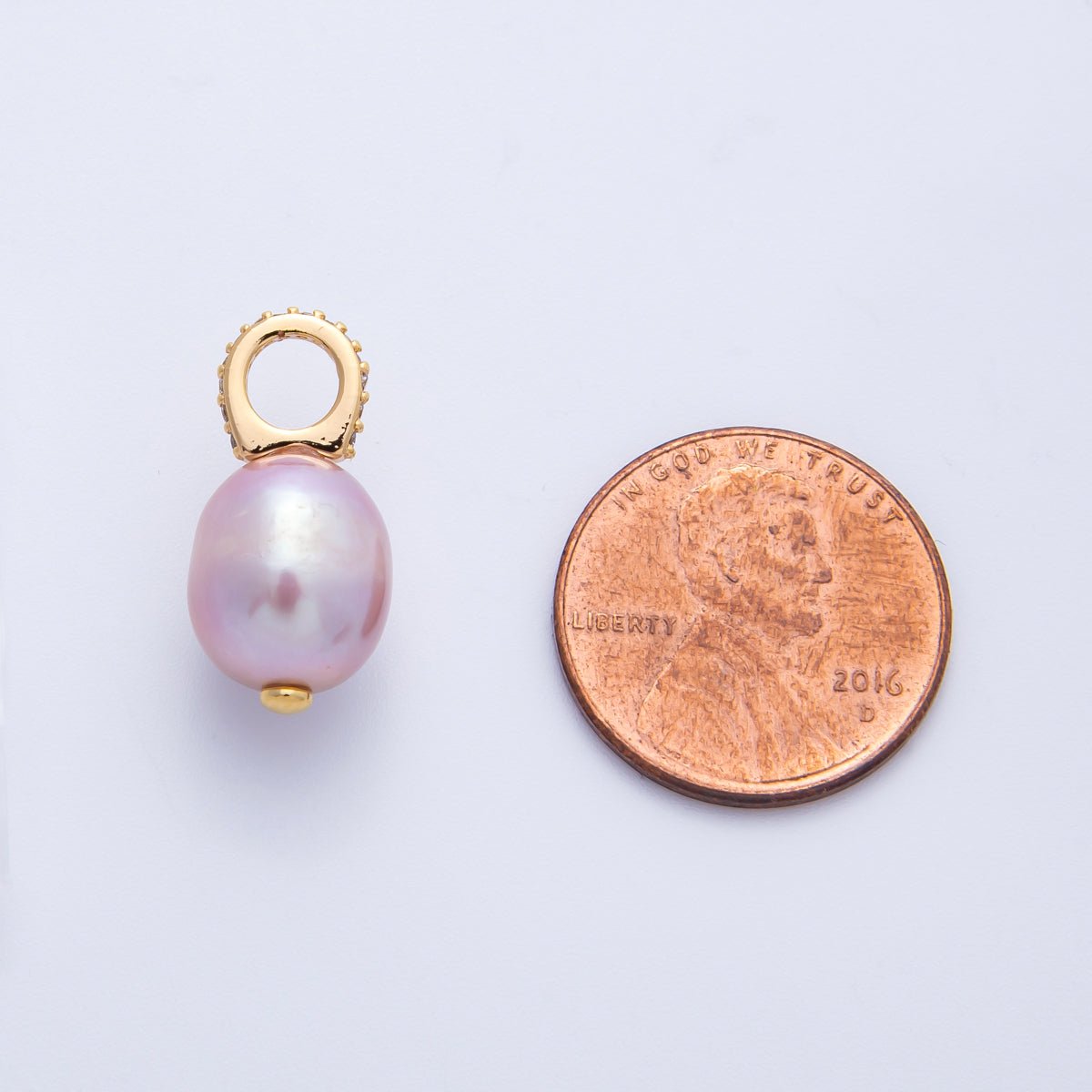 18K Gold Filled 19mm Purple Ringed Shell Pearl Micro Paved CZ Drop Pendant | Charms-00324