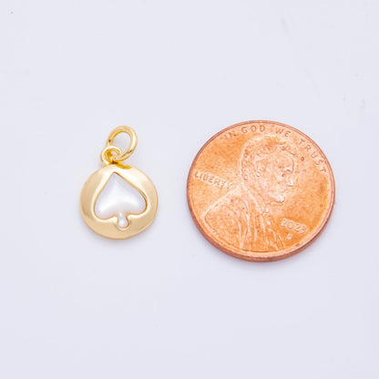 18K Gold Filled 19mm Shell Pearl Spade Card Sign Bezel Round Charm | AH-915