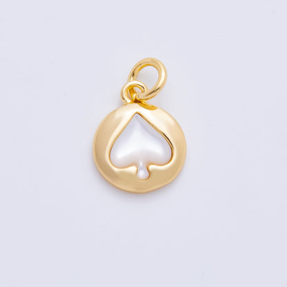 18K Gold Filled 19mm Shell Pearl Spade Card Sign Bezel Round Charm | AH-915