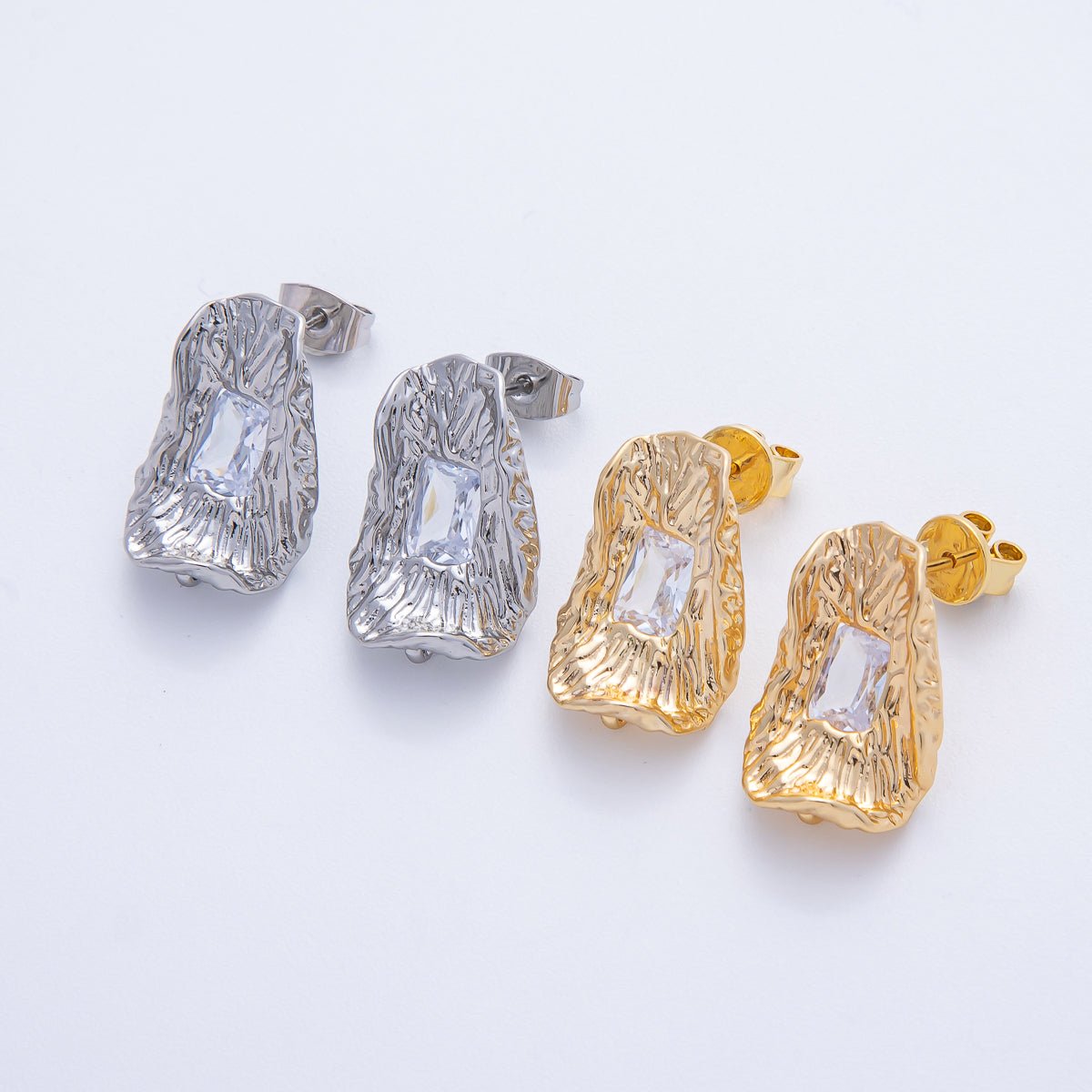 18K Gold Filled 20.5mm Baguette CZ Molten Geometric Drop Stud Finding in Gold &amp; Silver | Z1669