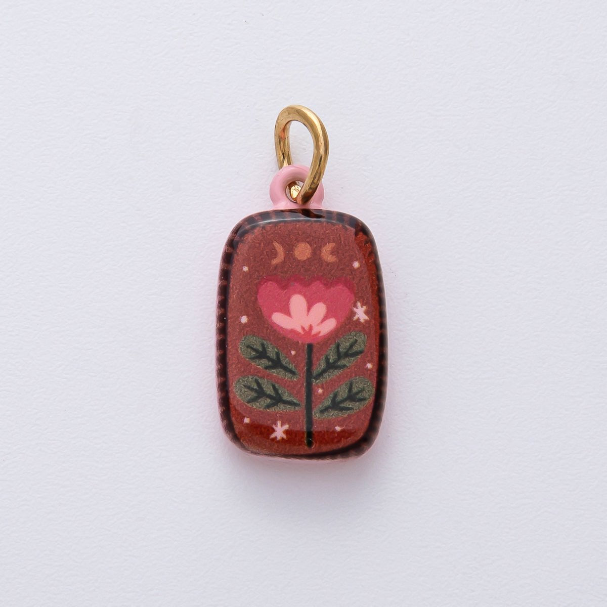 18K Gold Filled 20.5mm Red Brown Flower Enamel Double Sided Rectangular Charm | D420