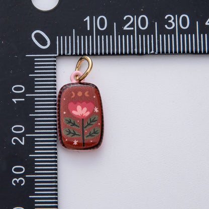 18K Gold Filled 20.5mm Red Brown Flower Enamel Double Sided Rectangular Charm | D420