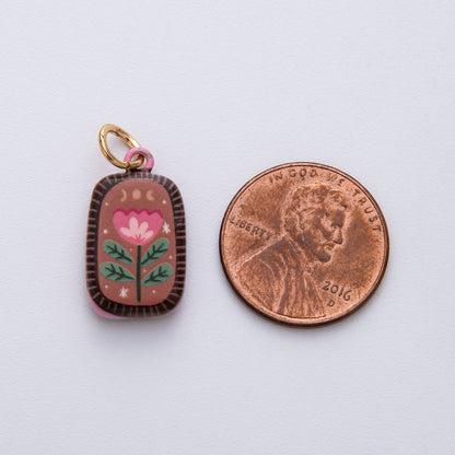 18K Gold Filled 20.5mm Red Brown Flower Enamel Double Sided Rectangular Charm | D420