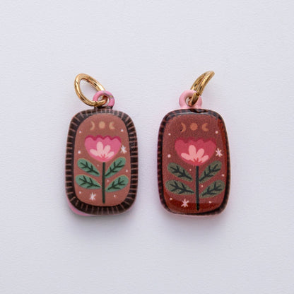 18K Gold Filled 20.5mm Red Brown Flower Enamel Double Sided Rectangular Charm | D420