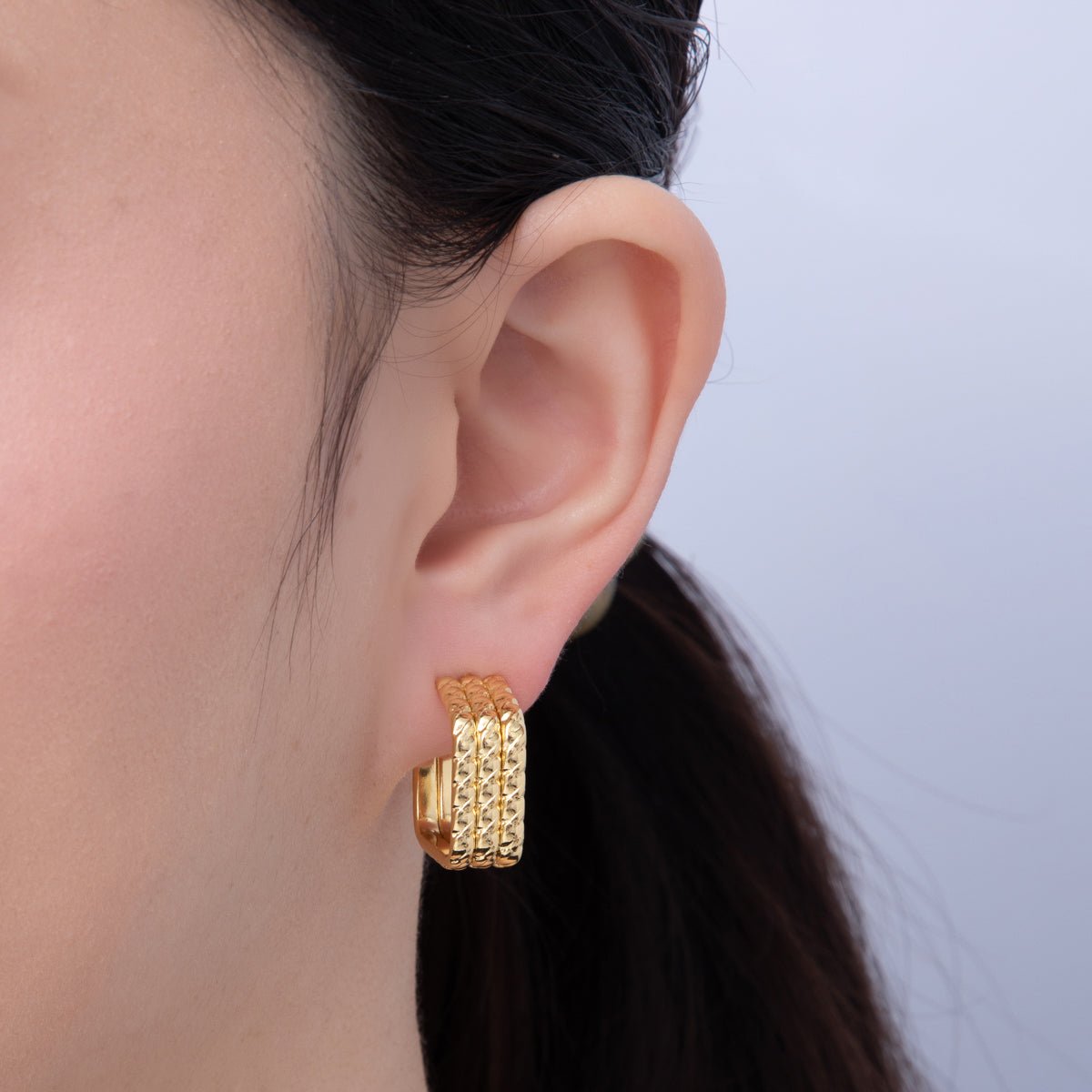 18K Gold Filled 20.5mm Triple Rope Geometric C-Shaped Hoop Earrings | AD1645
