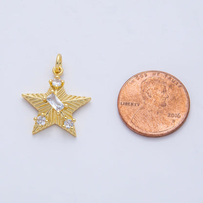 18K Gold Filled 20mm Clear CZ Baguette Round Sunburst Star Charm | AK020