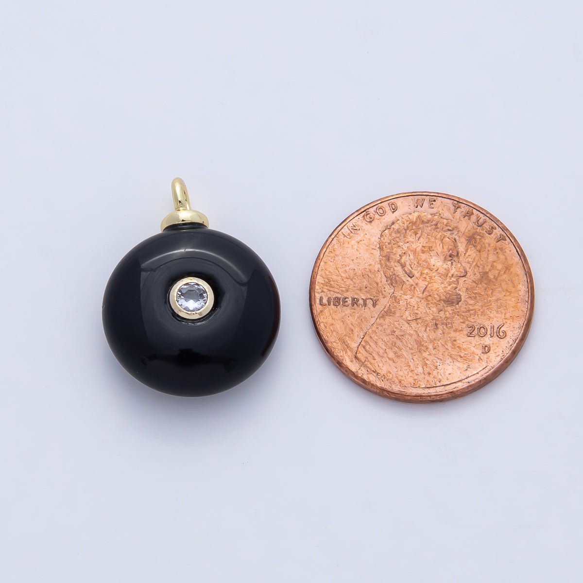 18K Gold Filled 20mm Clear CZ Embedded Black Onyx Round Gemstone Charm | AF1471