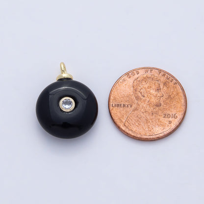 18K Gold Filled 20mm Clear CZ Embedded Black Onyx Round Gemstone Charm | AF1471