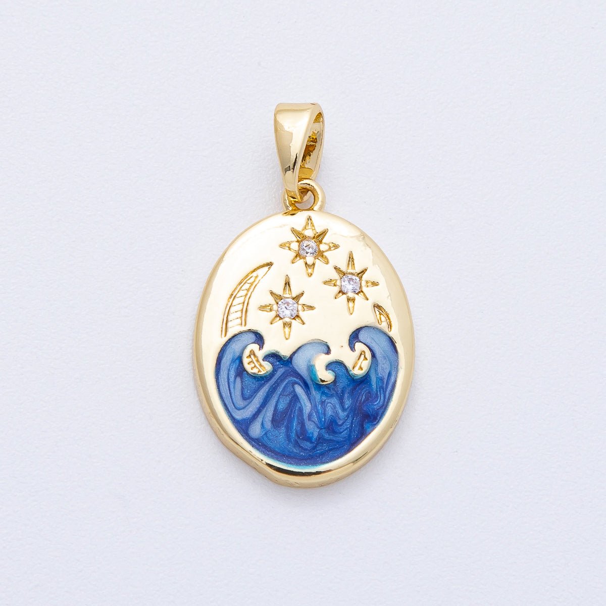 18K Gold Filled 20mm Clear CZ Celestial Crescent Moon Star Sea Ocean Oval Pendant | AF1233