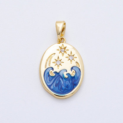 18K Gold Filled 20mm Clear CZ Celestial Crescent Moon Star Sea Ocean Oval Pendant | AF1233