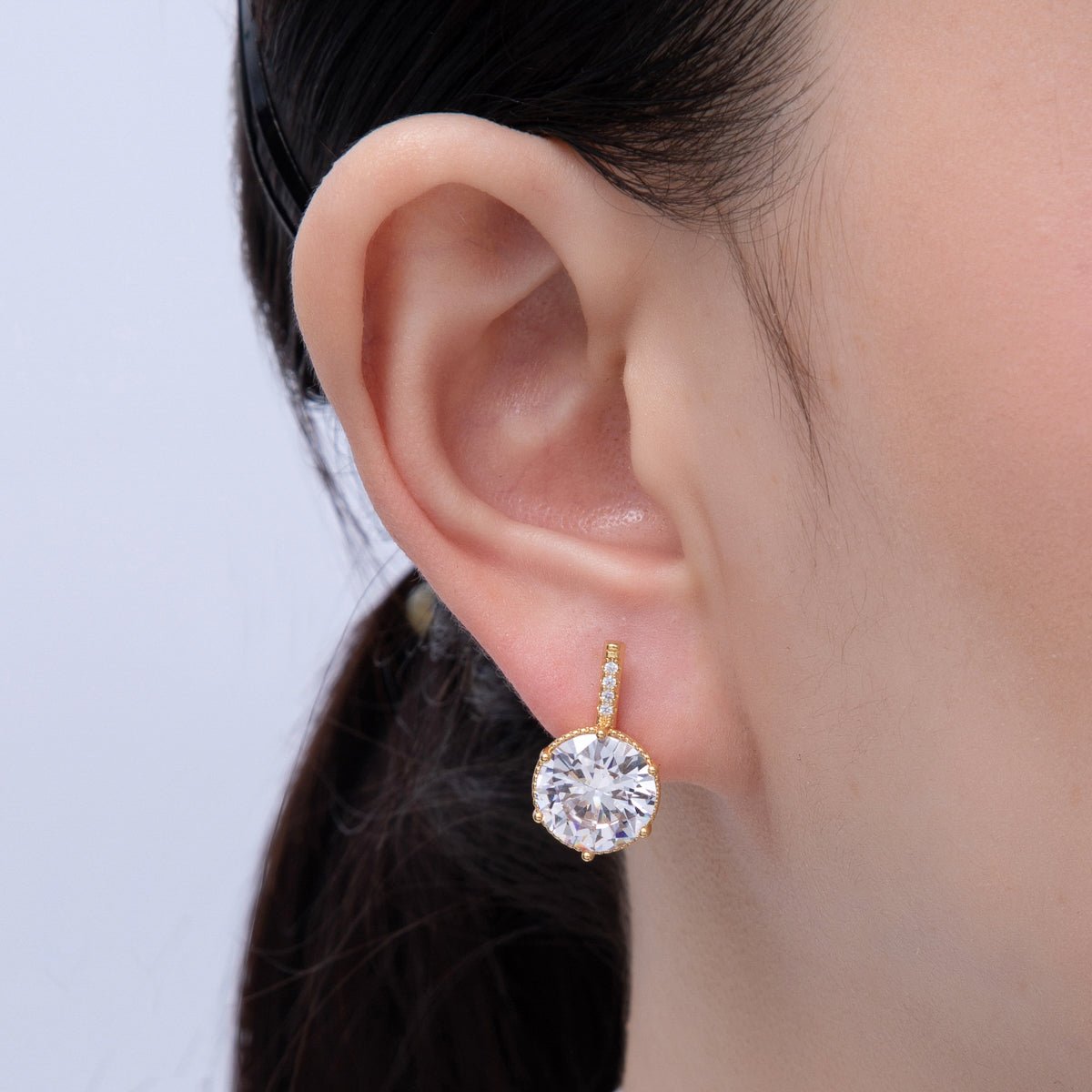 18K Gold Filled 20mm Clear CZ Round Micro Paved English Lock Earrings | Q354