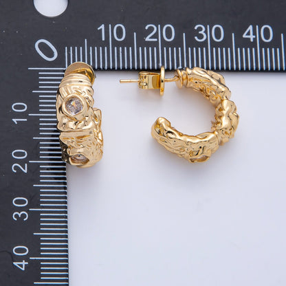 18K Gold Filled 20mm Fuchsia, Clear CZ Hammered Molten C-Shaped Hoop Earrings | AE623 AE624