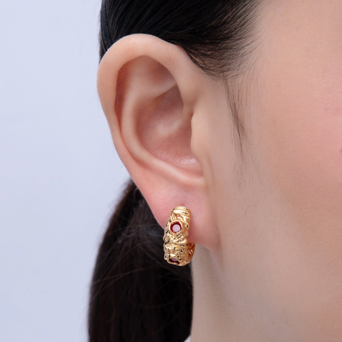 18K Gold Filled 20mm Fuchsia, Clear CZ Hammered Molten C-Shaped Hoop Earrings | AE623 AE624