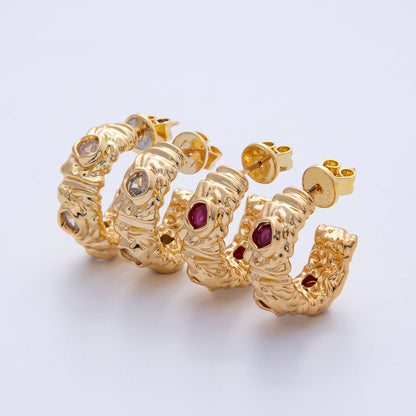 18K Gold Filled 20mm Fuchsia, Clear CZ Hammered Molten C-Shaped Hoop Earrings | AE623 AE624