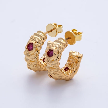 18K Gold Filled 20mm Fuchsia, Clear CZ Hammered Molten C-Shaped Hoop Earrings | AE623 AE624
